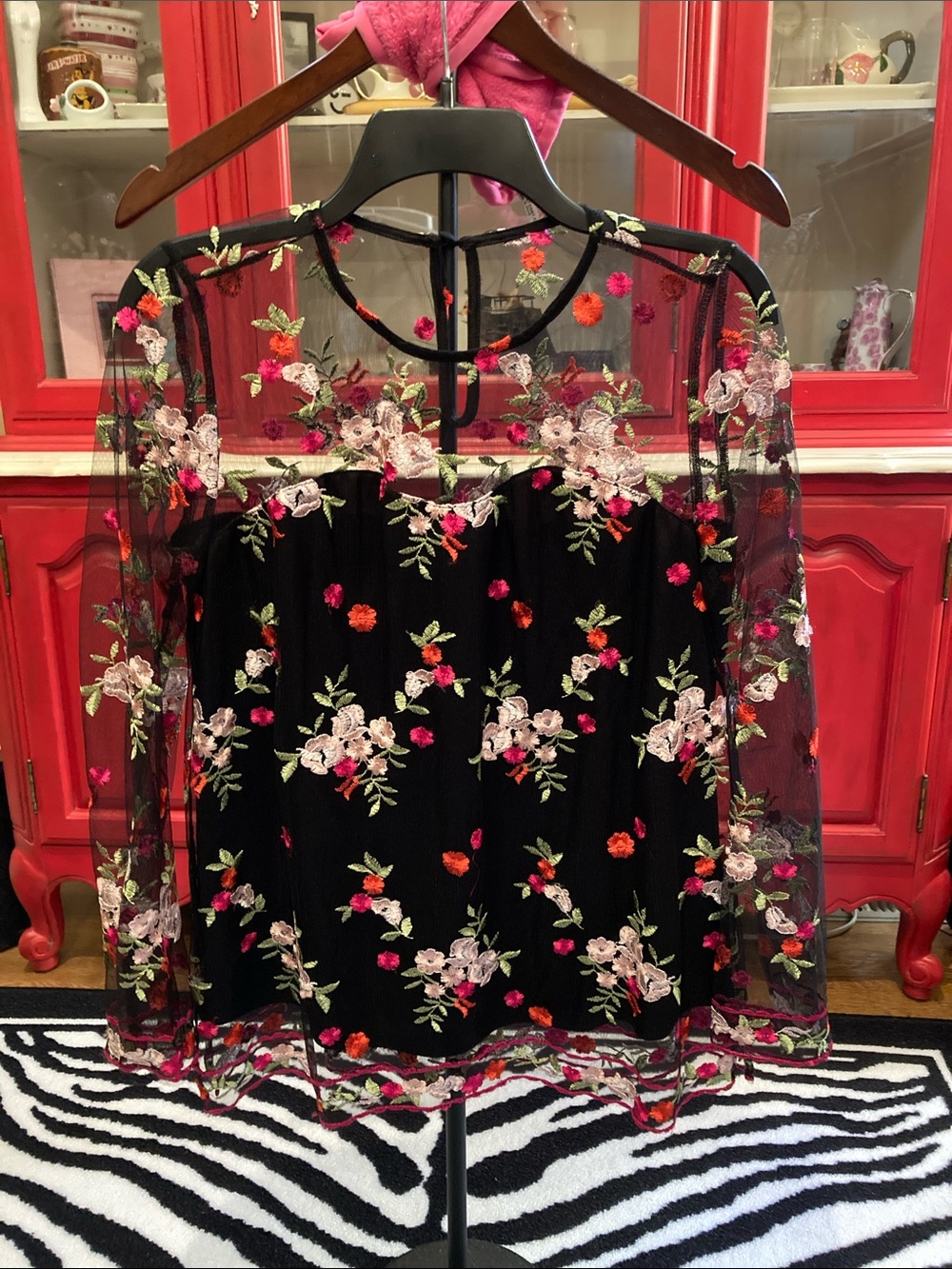 JODIFL Black Sheer Floral Embroidered Blouse with Pink & Orange Accents